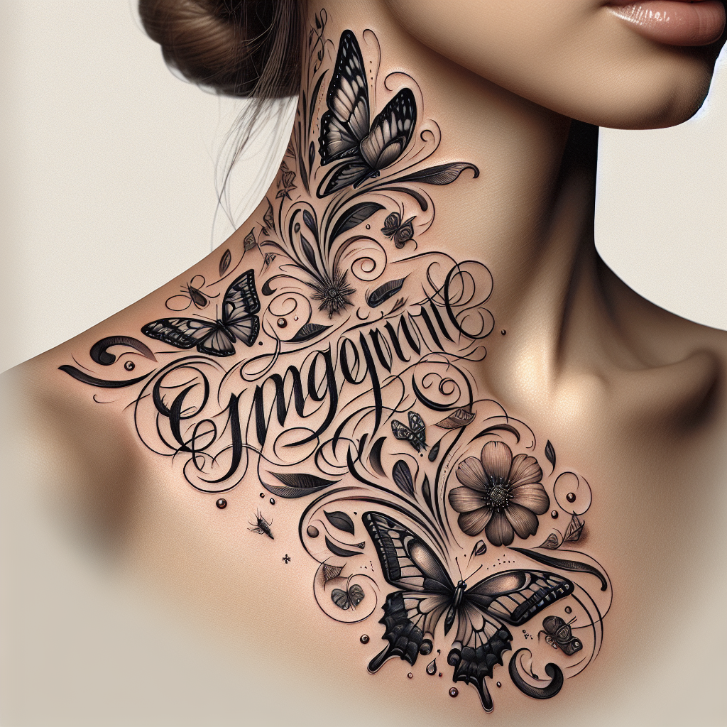 Attractive Front Neck Tattoo Designs Female - Elegant Script with Butterflies